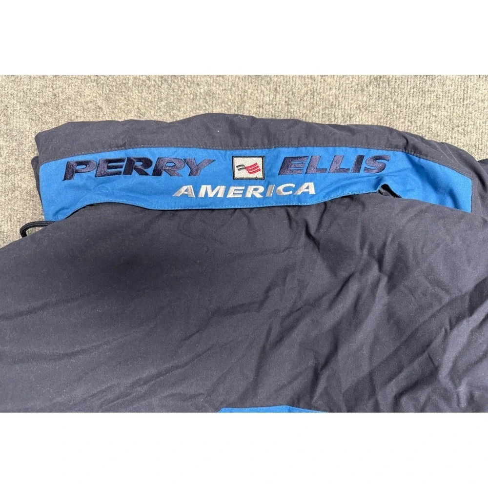 Vintage Perry Ellis America Blue Stripe‎ Puffer Jacket XXL Hooded Winter